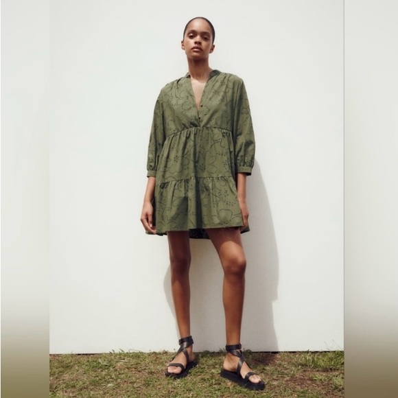 Zara Dresses & Skirts - Zara Eyelet Olive Green Dress